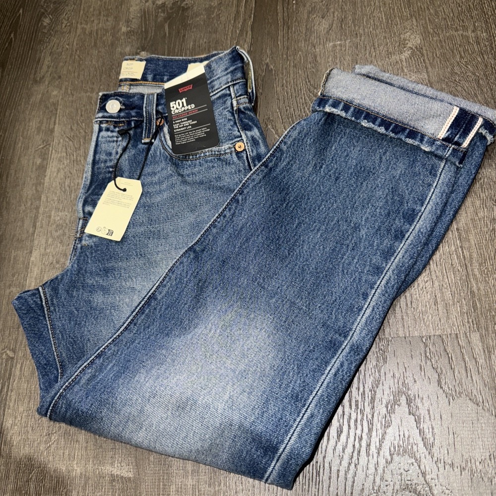 Levis 501 Cropped Selvedge Denim Jeans Women 23 x 26 High Rise Straight Leg NEW